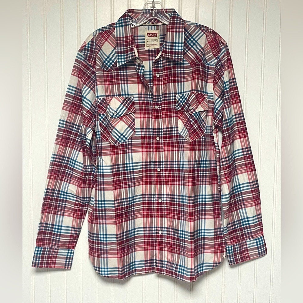 Levi's Modern Red Blue Plaid‎ Pearl Snap Western Shirt Mens Large